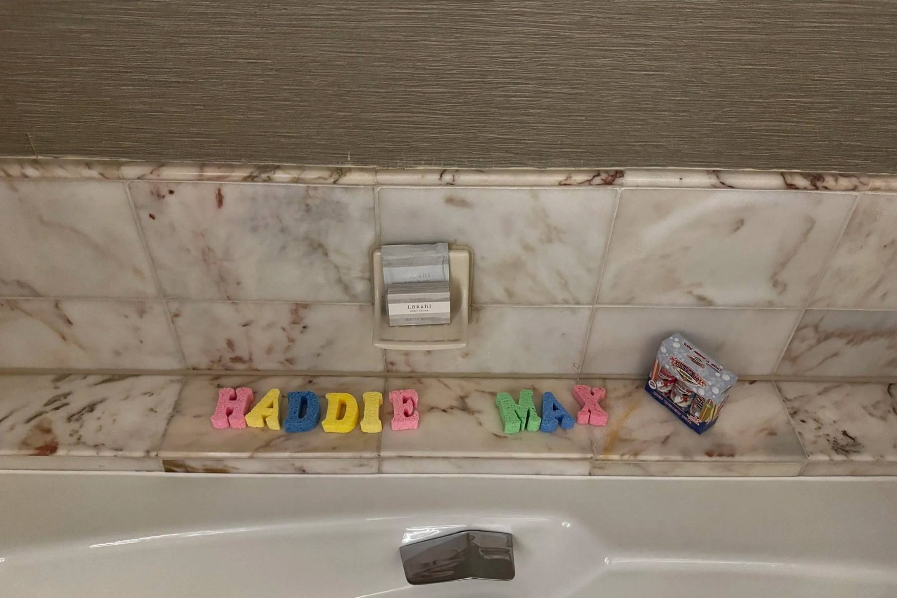 The kids' names spelled out in bath letters at Four Seasons Maui
